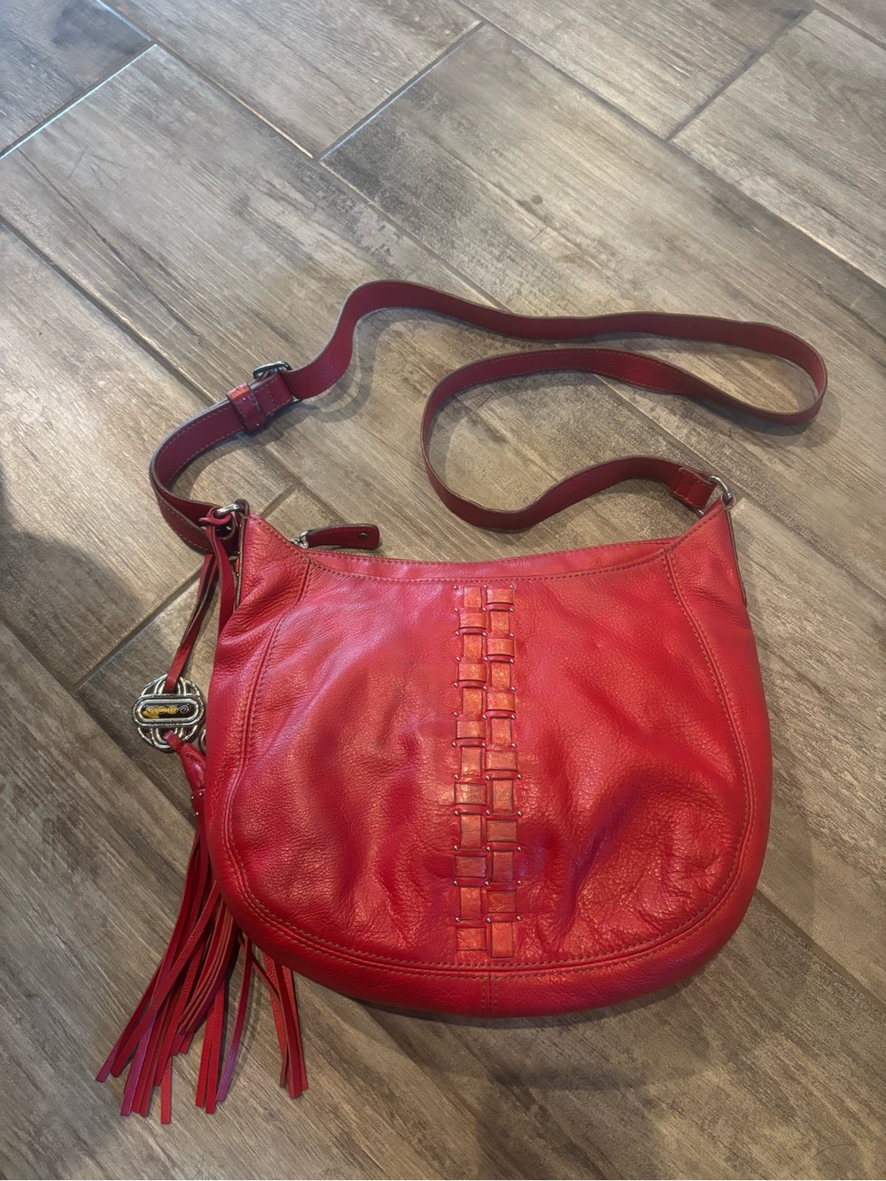 Brighton Red Leather Crossbody with Tassel and Woven Center